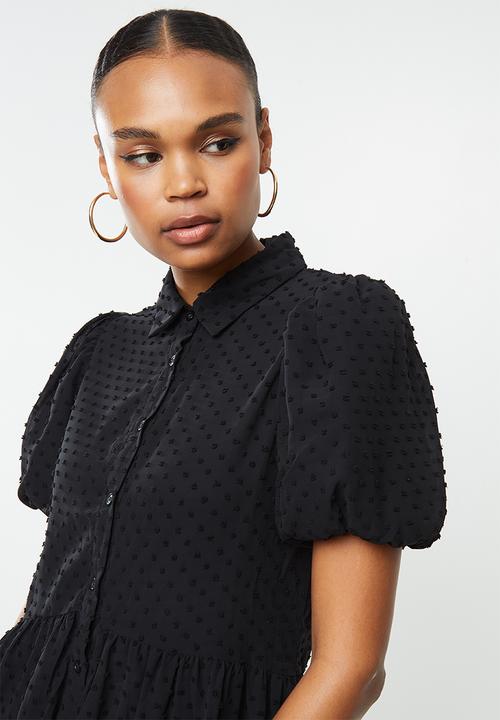 Missguided - Puff sleeve shirt smock dress dobby - black