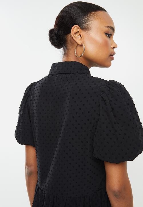 Missguided - Puff sleeve shirt smock dress dobby - black