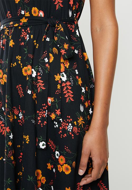edit - Sleeveless flare hem tie fit & flare dress - multi