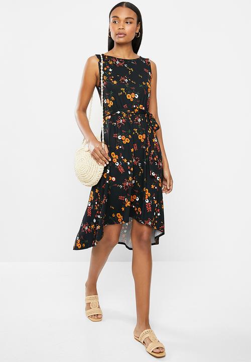 edit - Sleeveless flare hem tie fit & flare dress - multi