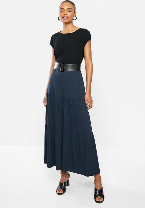 edit - Twill tiered maxi skirt - navy