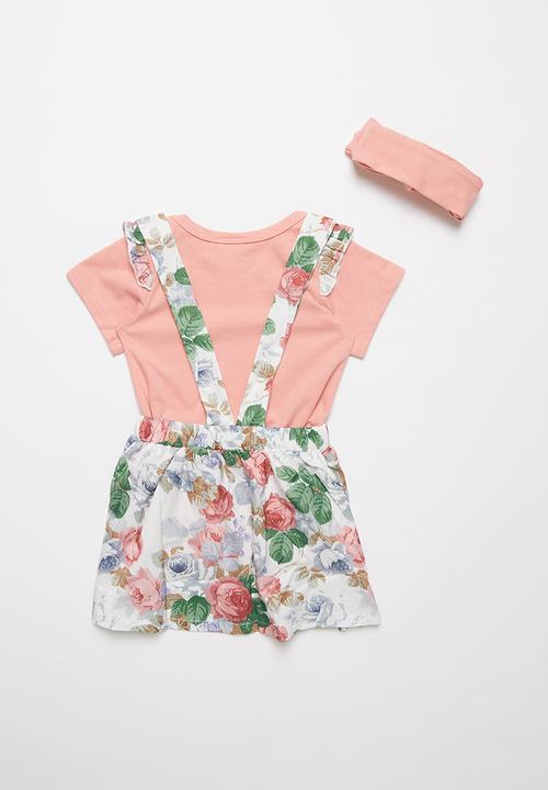 Pop Candy - Floral skirt with braces & tee set - pink & white