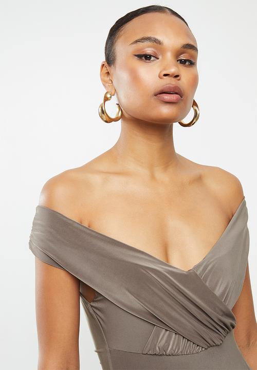 Missguided - Bardot wrap slit maxi dress - taupe