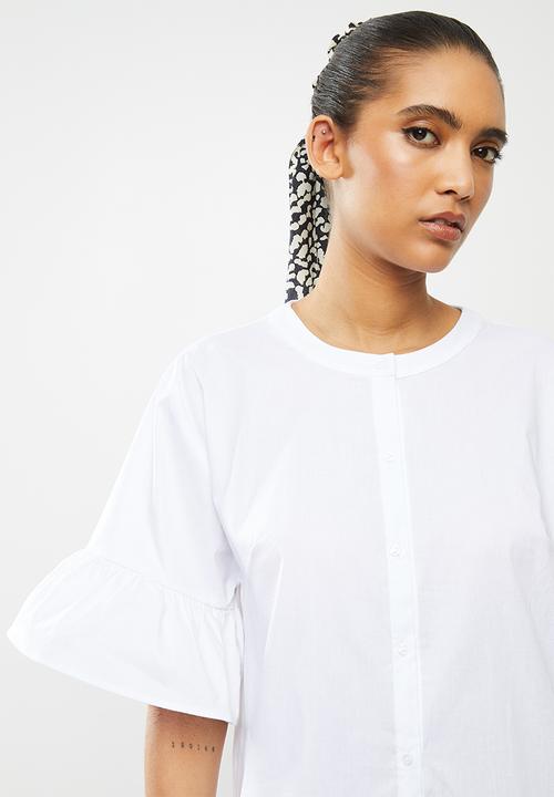 Blake - Button down ruffle mini dress - white