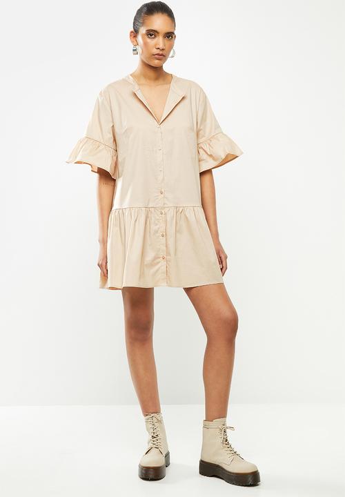 Blake - Button down ruffle mini dress - beige
