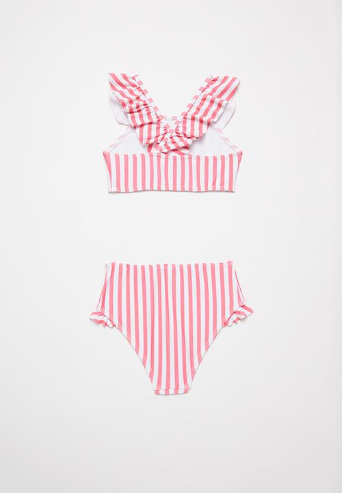 Pop Candy - Stripe two piece frill swimsuit - pink & white