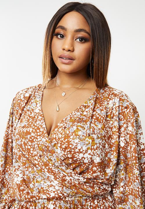 edit Plus - Balloon sleeve wrap tier dress - rust