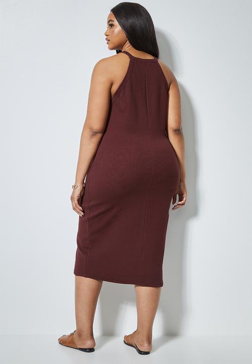 Superbalist - Rib highneck bodycon - burgundy