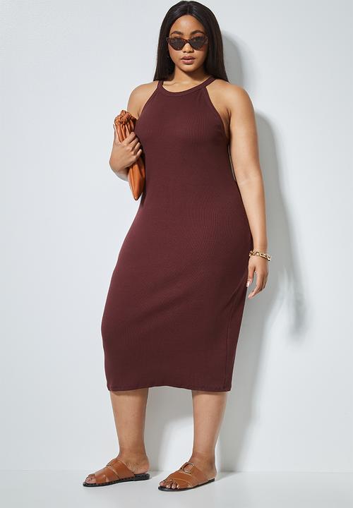 Superbalist - Rib highneck bodycon - burgundy
