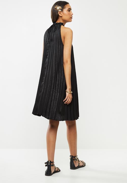 VELVET - Hammer satin pleated halter midi dress - black