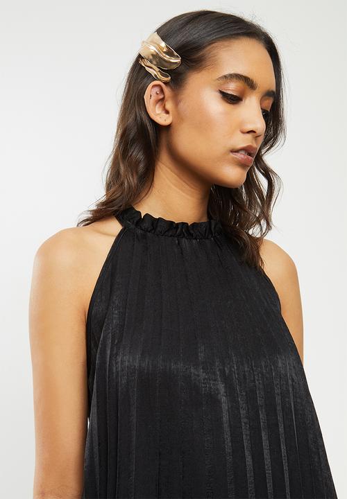 VELVET - Hammer satin pleated halter midi dress - black