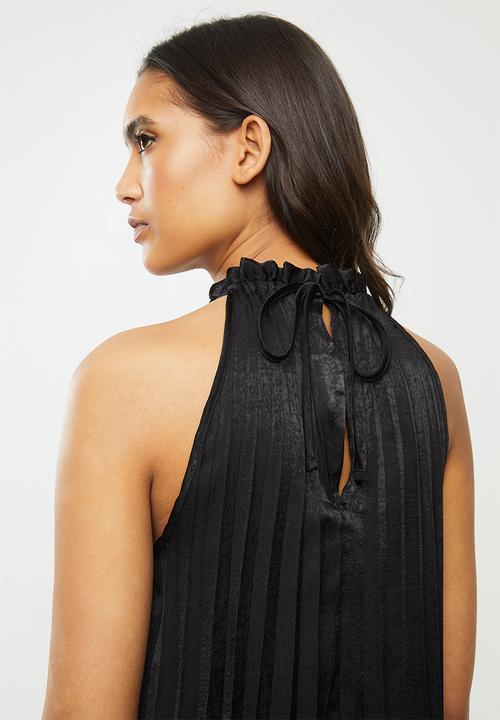VELVET - Hammer satin pleated halter midi dress - black