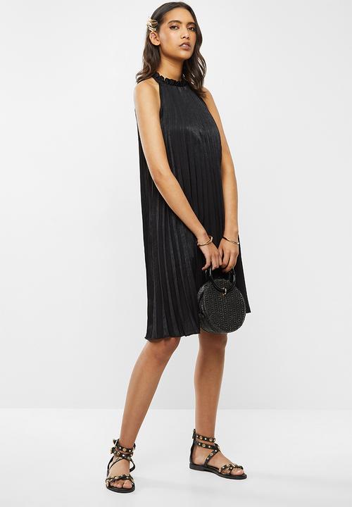 VELVET - Hammer satin pleated halter midi dress - black