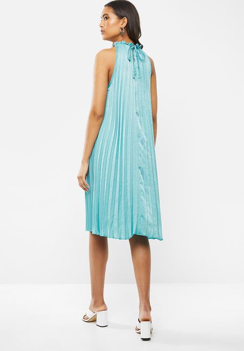 VELVET - Hammer satin pleated halter midi dress - aqua