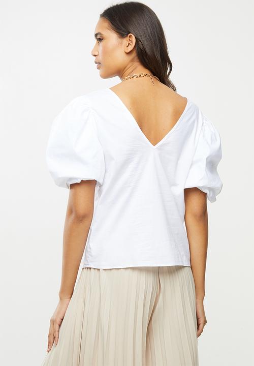 VELVET - Double puff ballon sleeve shell top - white
