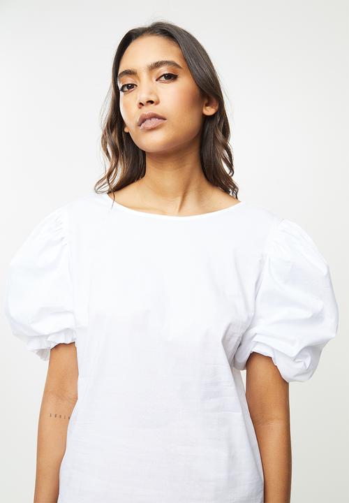 VELVET - Double puff ballon sleeve shell top - white