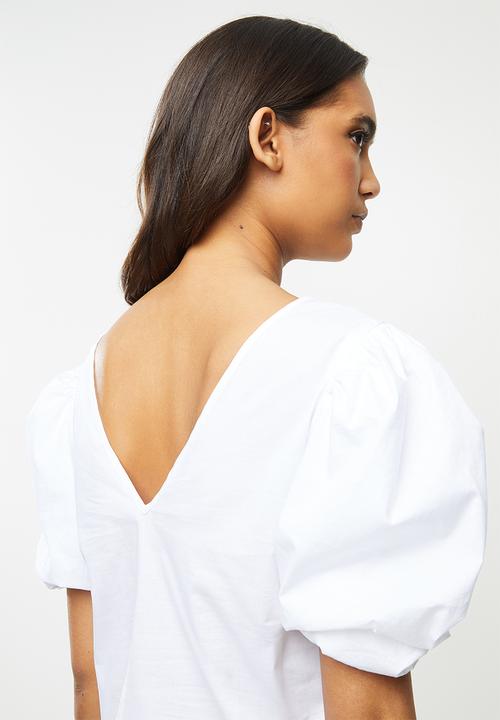 VELVET - Double puff ballon sleeve shell top - white
