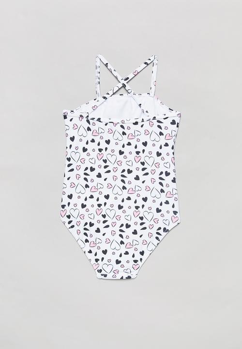 Pop Candy - Heart print one piece frill swimsuit - black & white