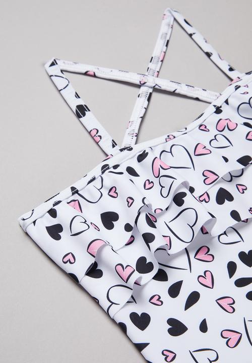 Pop Candy - Heart print one piece frill swimsuit - black & white