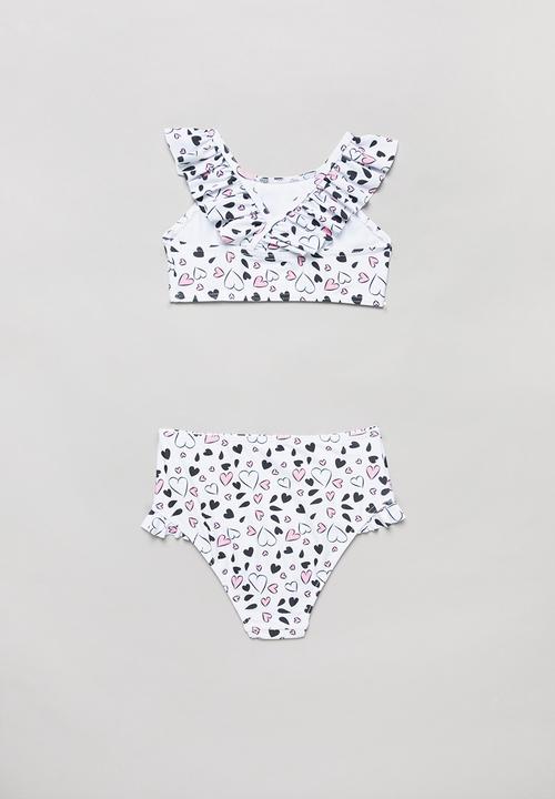 Pop Candy - Heart print two piece frill swimsuit - black & white
