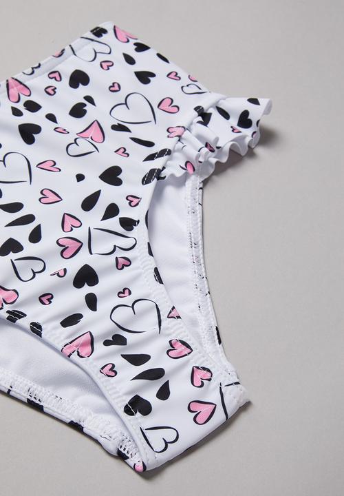 Pop Candy - Heart print two piece frill swimsuit - black & white