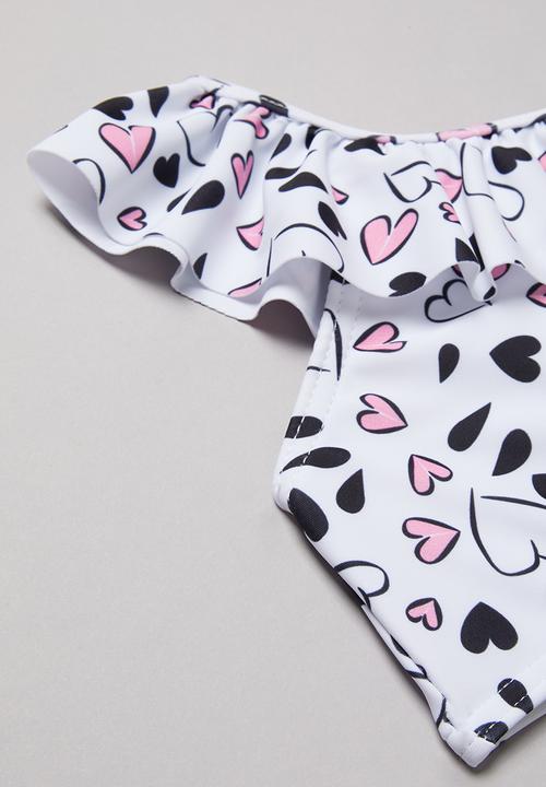 Pop Candy - Heart print two piece frill swimsuit - black & white