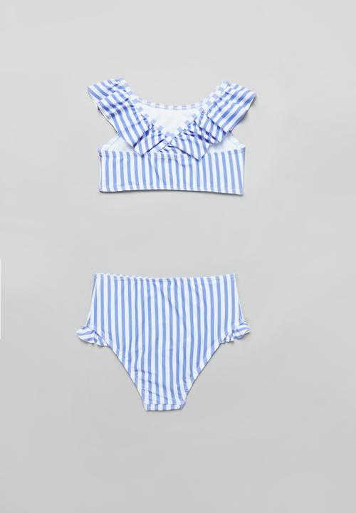 Pop Candy - Stripe two piece frill swimsuit - blue & white