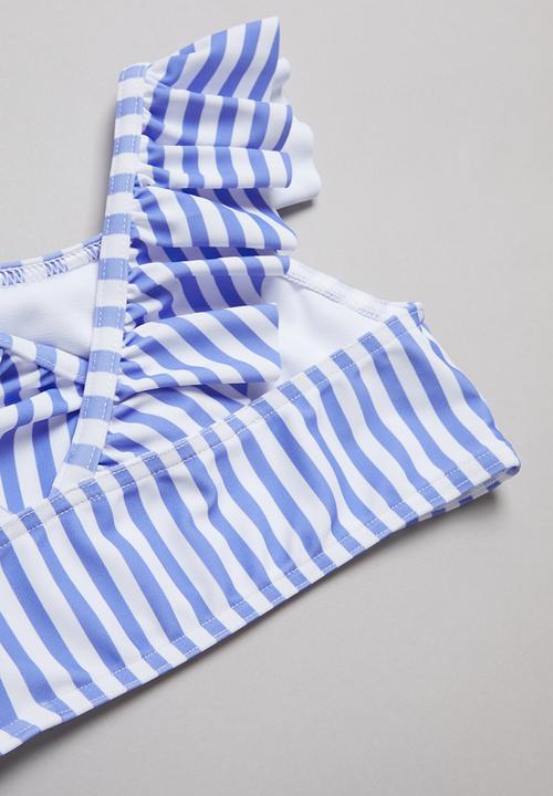 Pop Candy - Stripe two piece frill swimsuit - blue & white