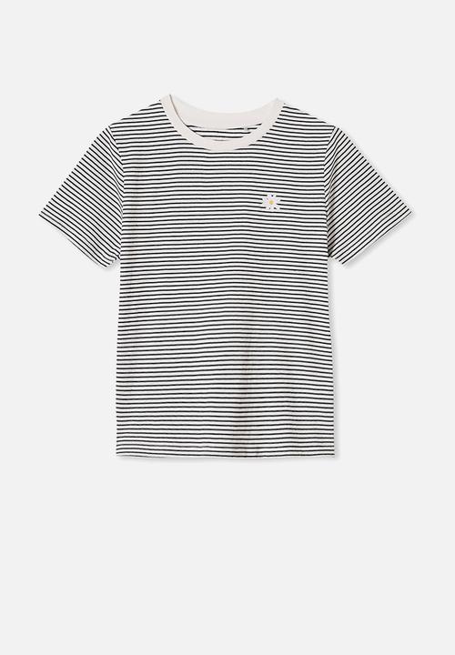 Free by Cotton On - Girls classic short sleeve tee - navy white stripe daisy