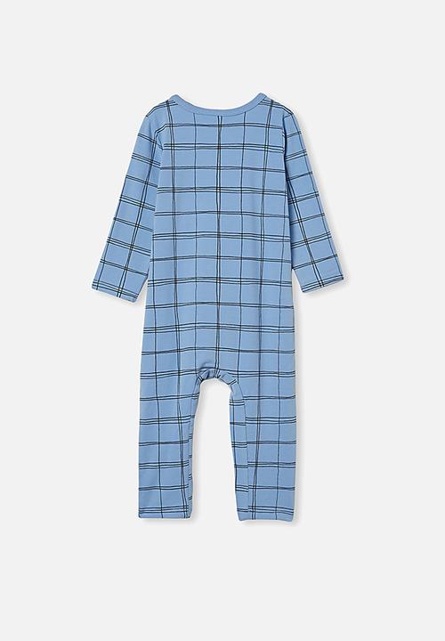 Cotton On - The long sleeve snap romper - powder puff blue sketchy grid