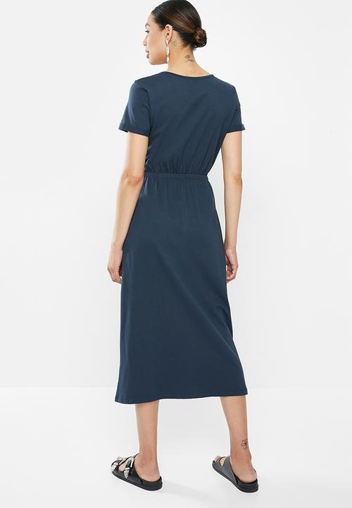 Brave Soul - Short sleeve tie waist midi - navy