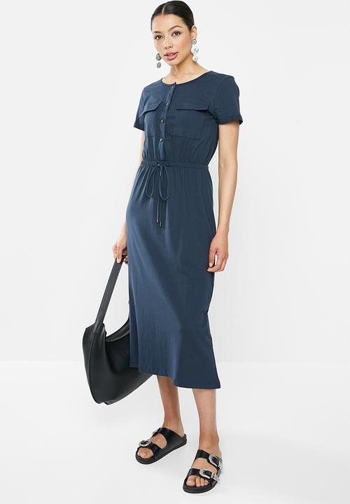 Brave Soul - Short sleeve tie waist midi - navy