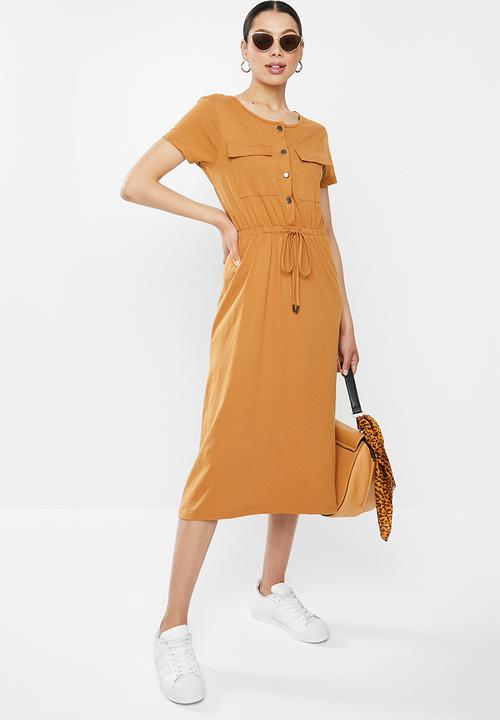 Brave Soul - Short sleeve tie waist midi - rust