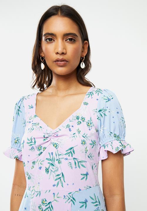 Vero Moda - Katja short sleeve square neck dress - purple & blue