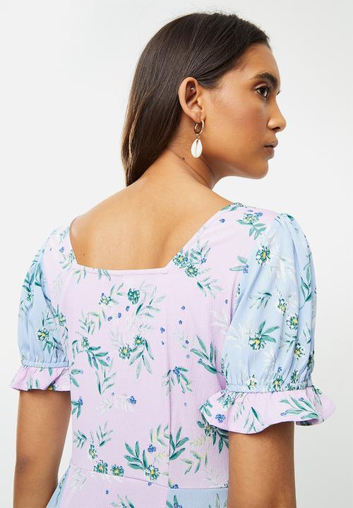 Vero Moda - Katja short sleeve square neck dress - purple & blue