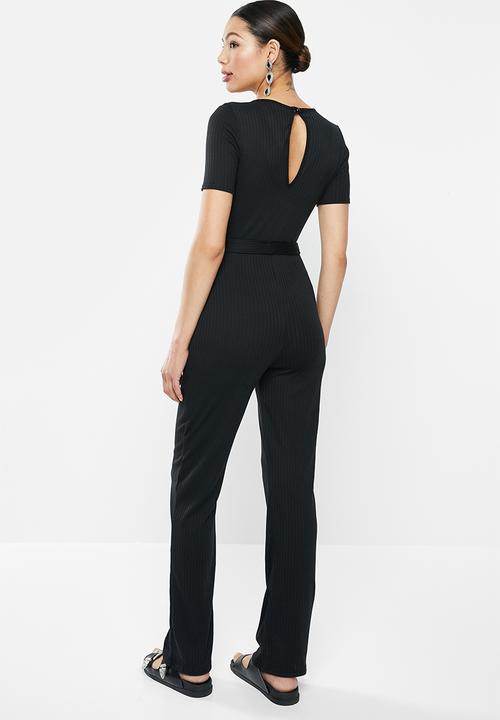 Missguided - Rib short sleeve flare leg jumpsuit - black