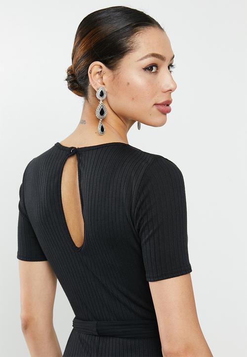 Missguided - Rib short sleeve flare leg jumpsuit - black