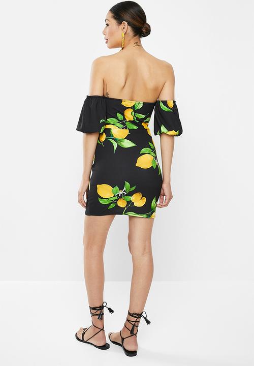 Missguided - Lemon print bardot mini dress - black