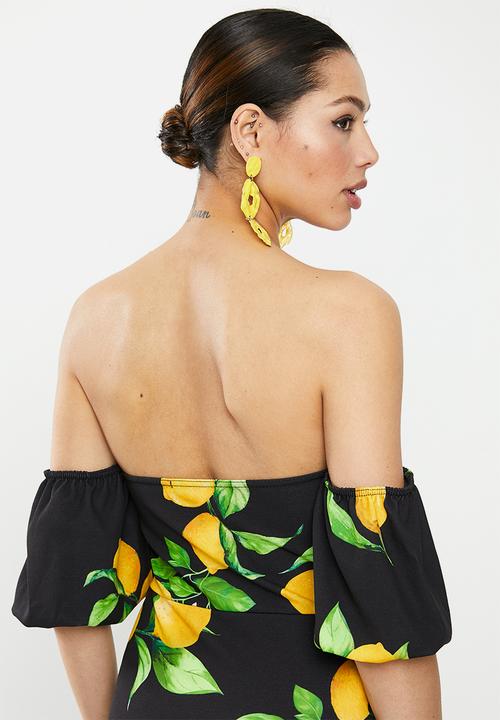 Missguided - Lemon print bardot mini dress - black