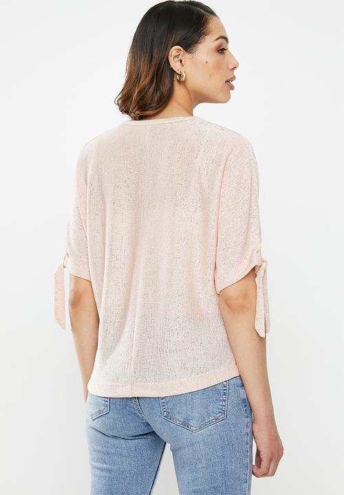 edit - Tie sleeve linen blend tee - light pink