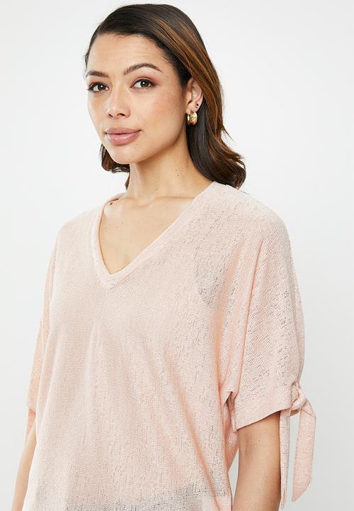 edit - Tie sleeve linen blend tee - light pink