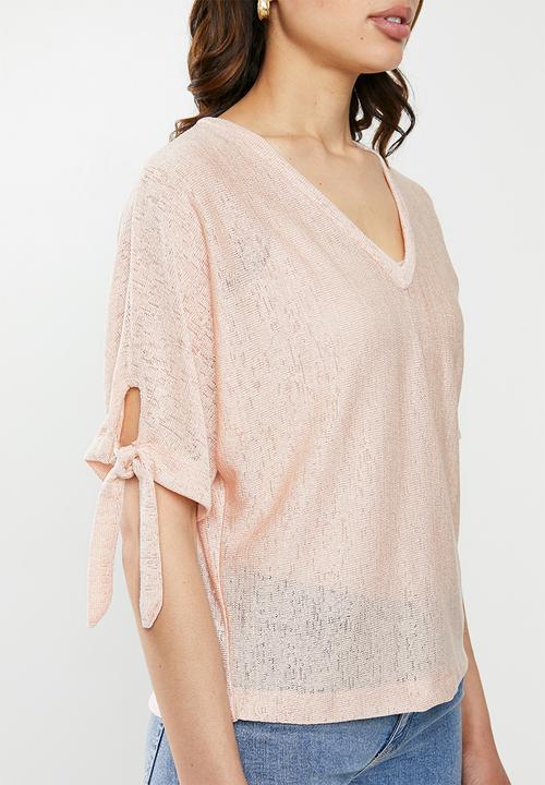 edit - Tie sleeve linen blend tee - light pink