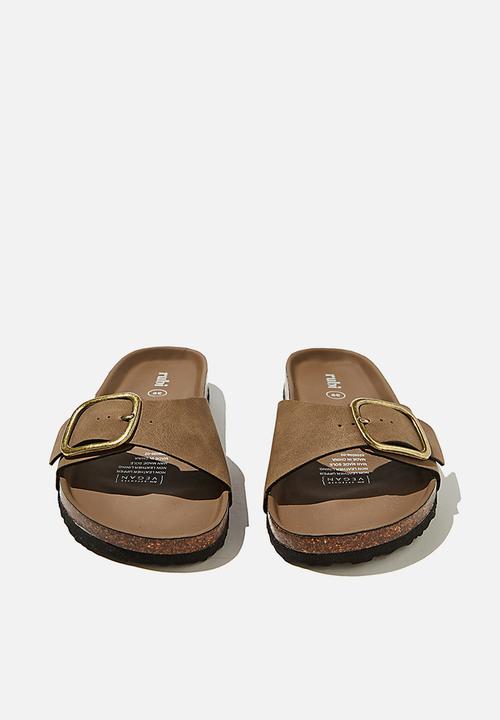 Cotton On - Rex oversized single buckle slide - brown nubuck