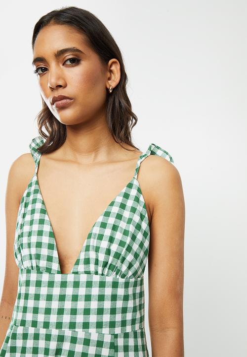 Glamorous - Shoulder tie v-neck dress - green & white