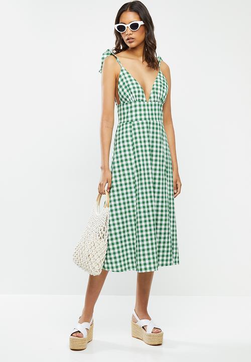 Glamorous - Shoulder tie v-neck dress - green & white