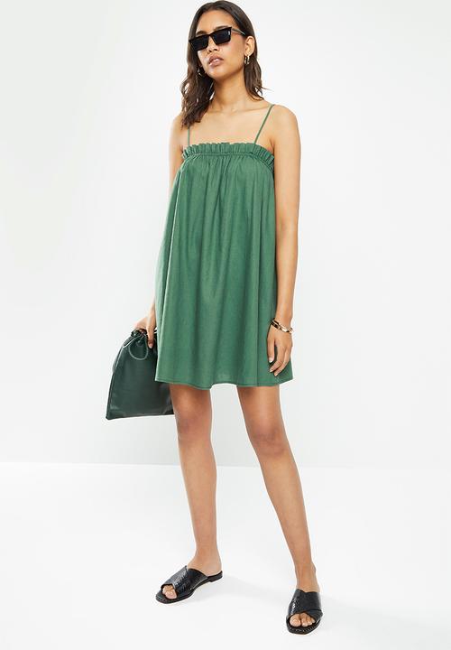 VELVET - Linen trapeze strappy mini - green