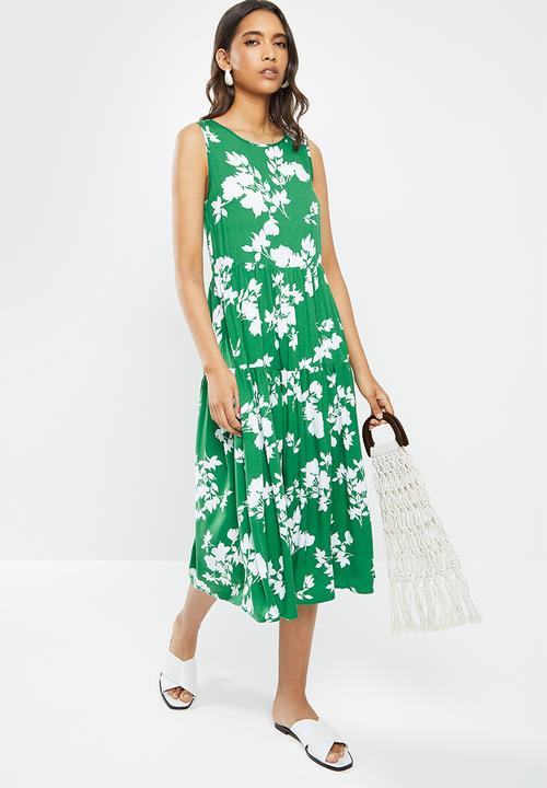 VELVET - Tiered backless midi dress - green & white 