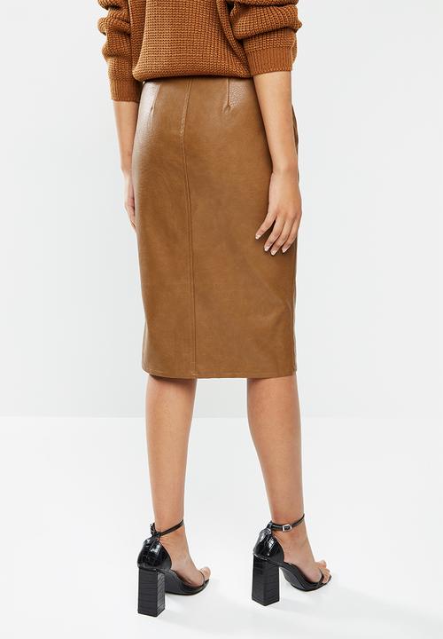 Glamorous - Pu midi skirt with tie waist - brown