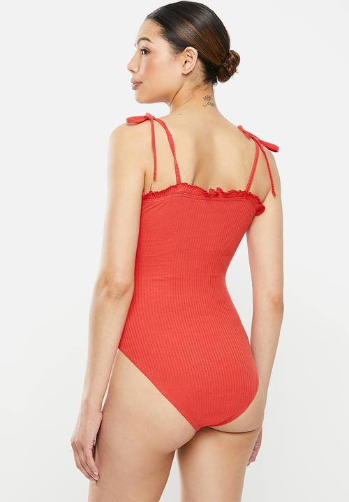 Brave Soul - Tie strap frill button thorugh bodysuit - red