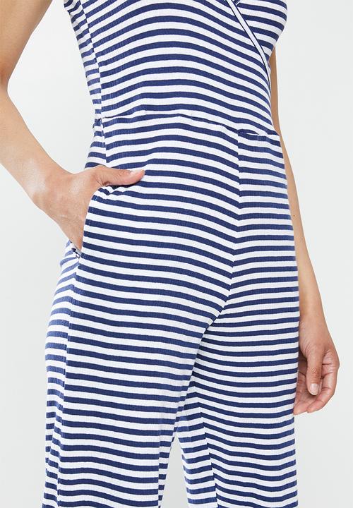 Brave Soul - Strapy yarn dye stripe jumpsuit - navy & white